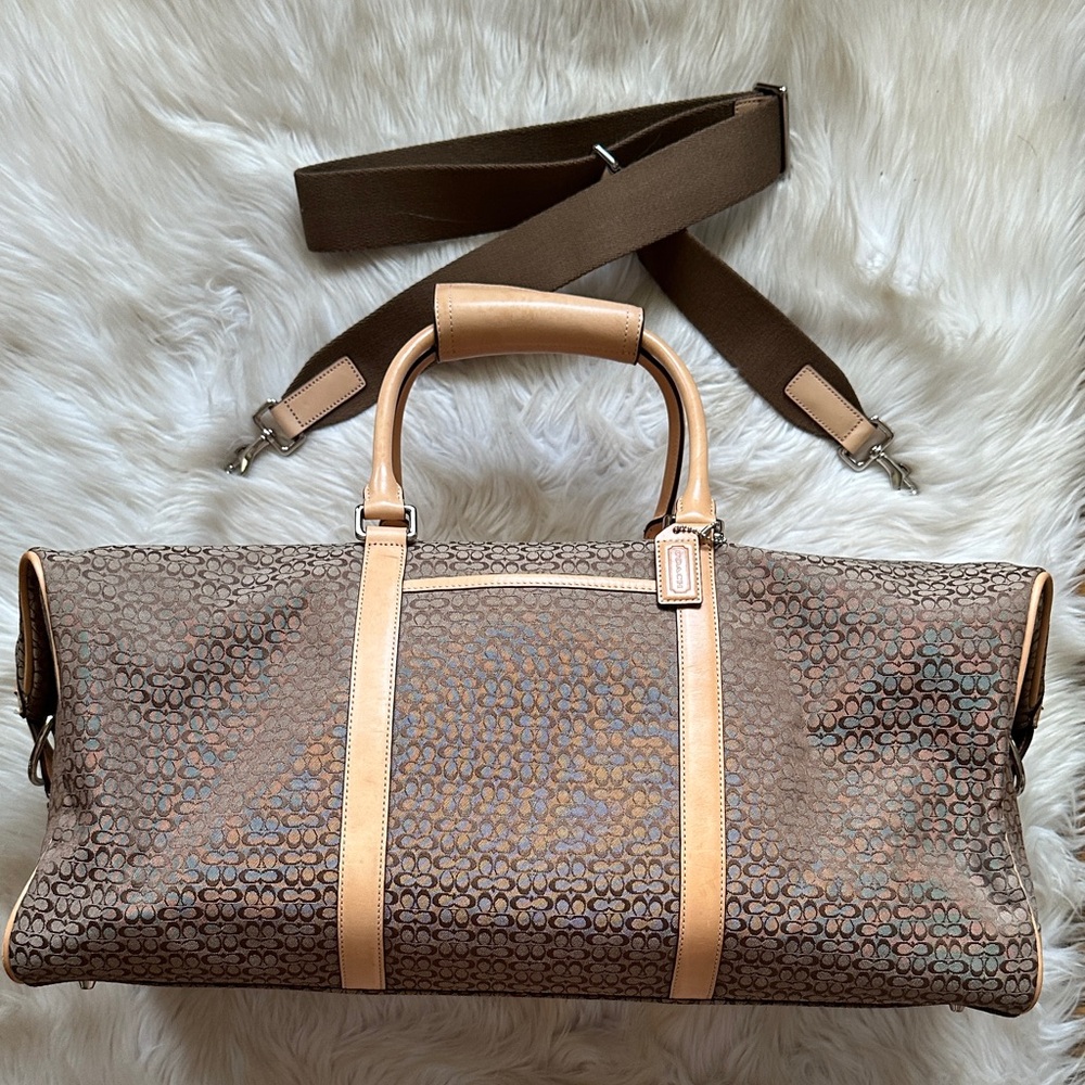 Coach Brown Signature Monogram Travel Duffel with Tan Leather Trim